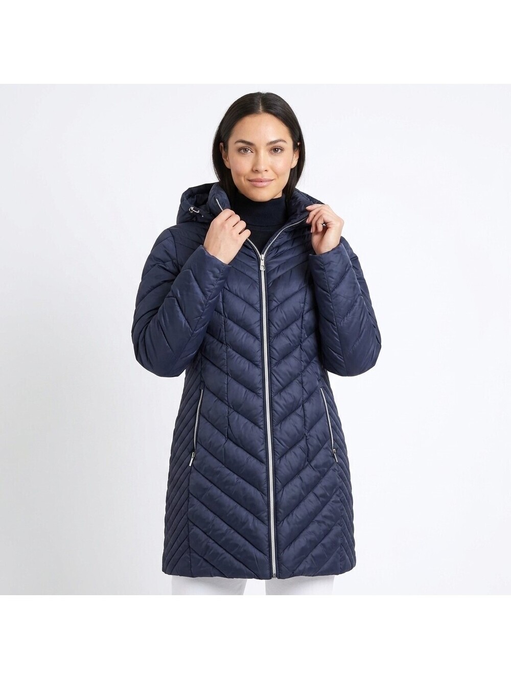 NWT Michael Kors Women's Packable Chevron Quilted Puffer Jacket Faux Fur Size M